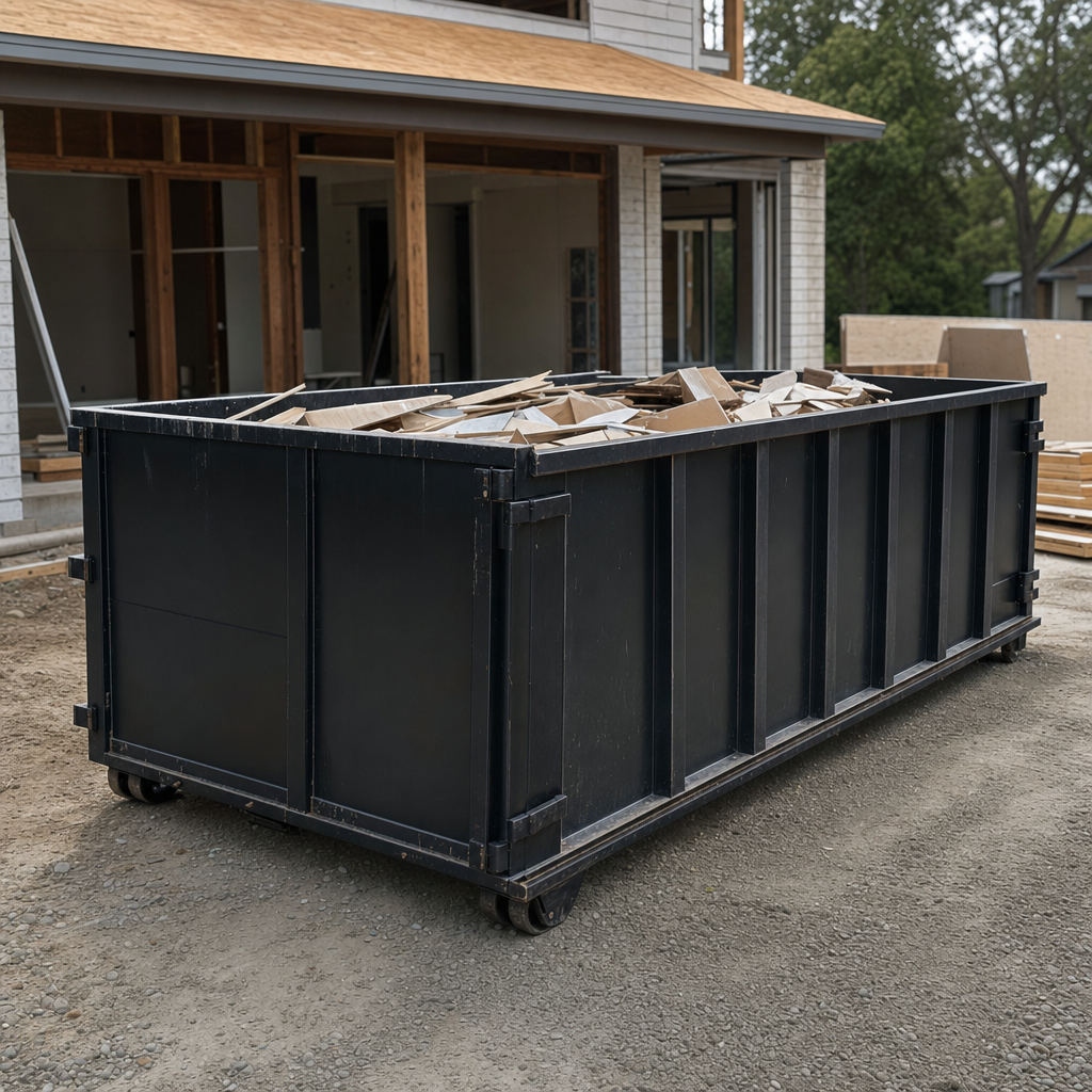 Large matte-black 30-yard construction roll-off dumpster at an active Troy jobsite, steel-gray top rails and bottom rollers visible, loaded with construction debris.