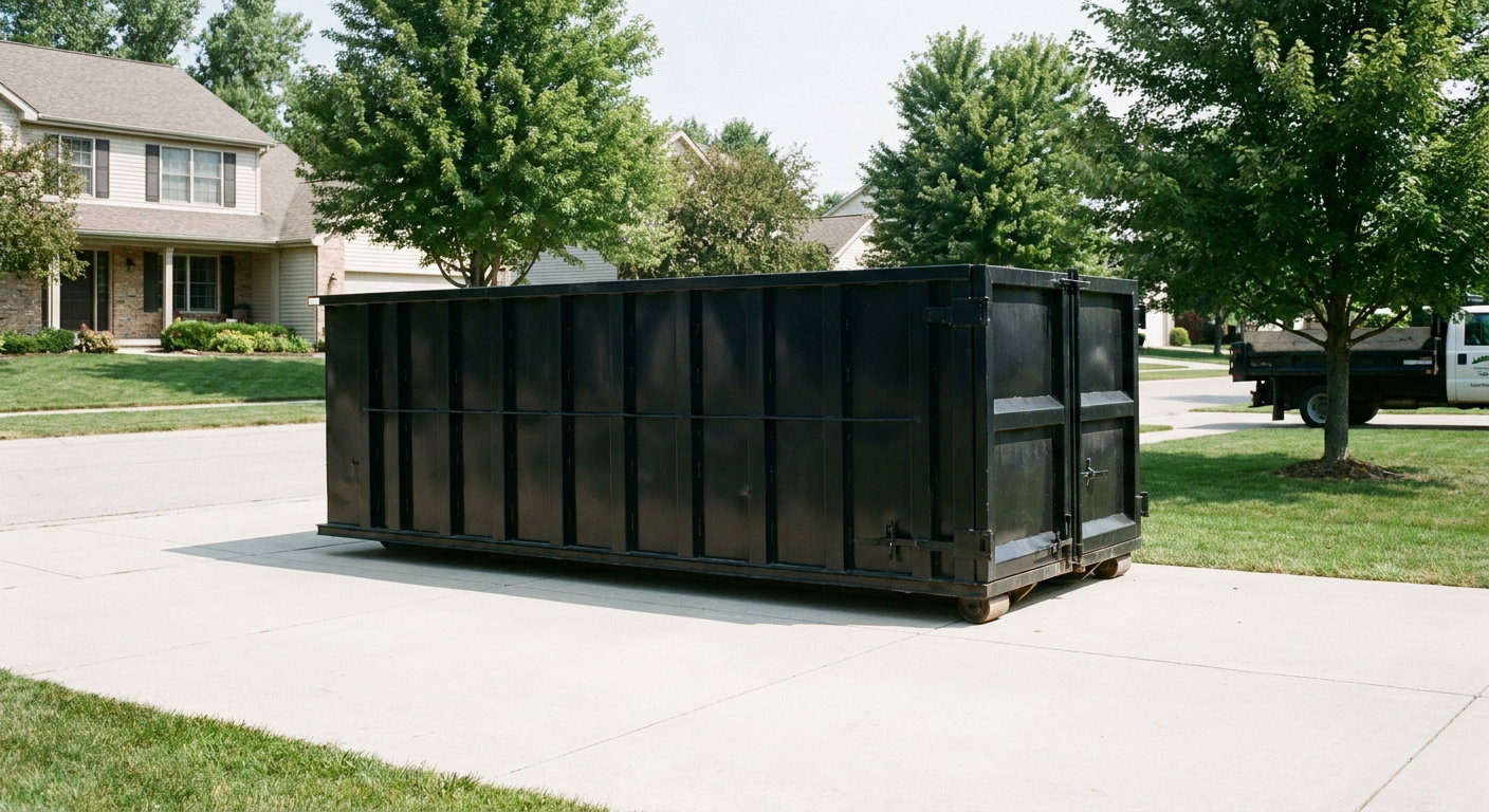 Matte-black 20-yard roll-off dumpster sitting level on a clean Troy residential concrete driveway under bright daylight, demonstrating clean placement directly on the concrete.